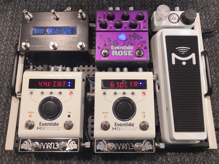 Travel and demo board featuring MIDI control of two H9's and a Rose pedal. Travel Board with two Eventide H9s and a Rose pedal