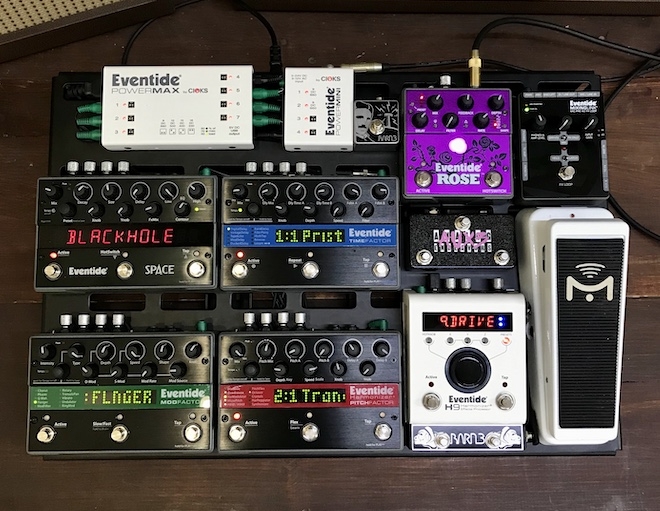 My main pedalboard featuring an H9, ModFactor, TimeFactor, Space, PitchFactor, and Rose, powered by a PowerMAX. Mission Engineering SP-H9 works best with the H9 MAX. My main Eventide Product Demo board