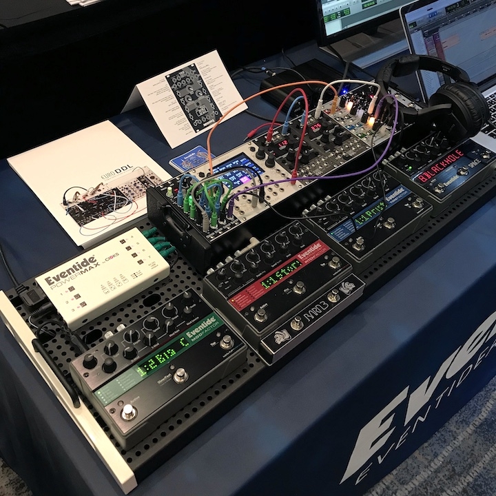 Erica Synths and 1010 Music BitBox modules connected to dual Eventide EuroDDL and Factor-pedals. Eventide EuroDDL Modular Rig